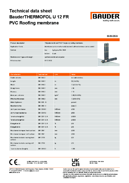 BauderTHERMOFOL U 12 FR PVC Roofing membrane (Light Grey) – Technical Data Sheet