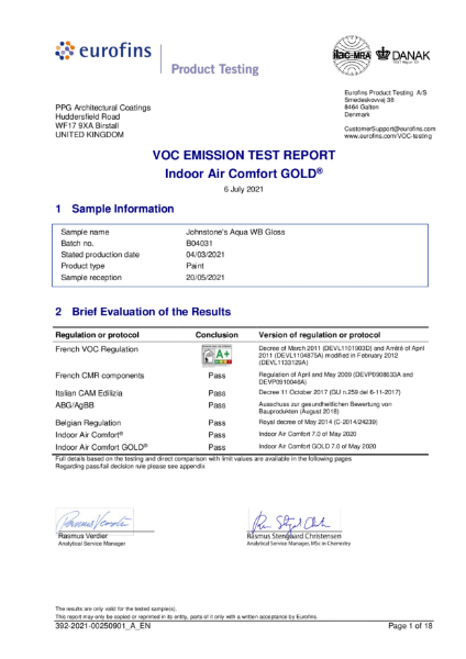 Eurofins Indoor Air Comfort Gold - Johnstone's Aqua WB Gloss