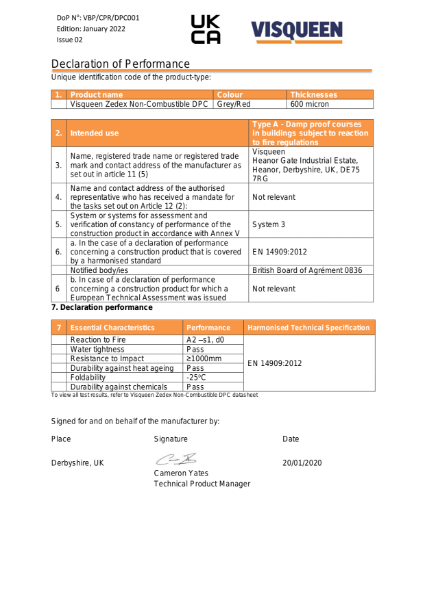 DPC UKCA Visqueen Zedex Non-Combustible DPC Declaration of Performance