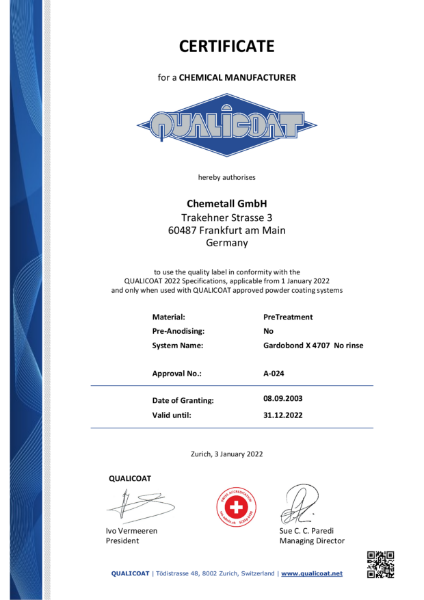 Qualicoat Certificate No Rinse