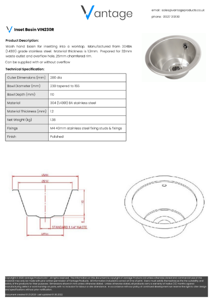 Product Data Sheet - VIN230R