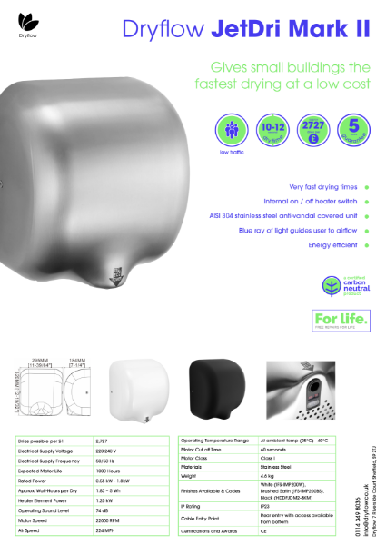 Hand Dryer Spec Sheet - Dryflow® JetDri MKII Carbon Neutral Hand Dryer