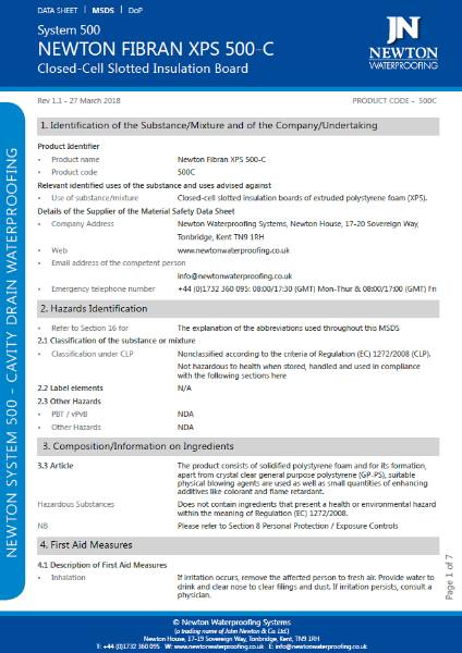 Newton CDM Fibran XPS-500C - Safety Data Sheet
