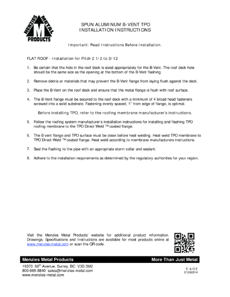 INSTALLATION INSTRUCTIONS - SPUN ALUMINUM B-VENT TPO