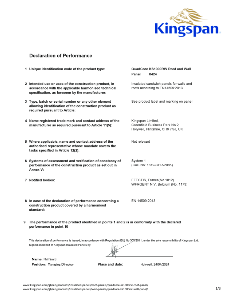 QuadCore KS1000RW Roof and Wall Declaration of Performance