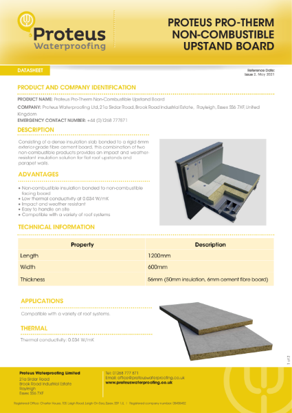 Product Data Sheet - Proteus Pro-Therm Non-Combustible Upstand Board (56mm)