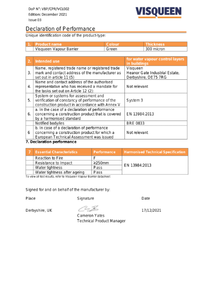 VCL UKCA Visqueen Vapour Barrier Declaration of Performance