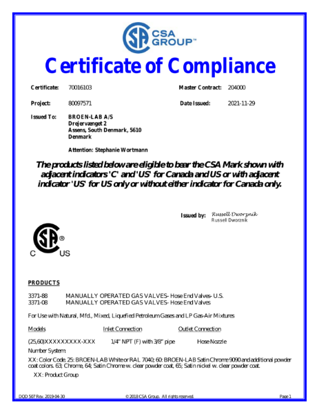 CSA US + C - Gas Valves