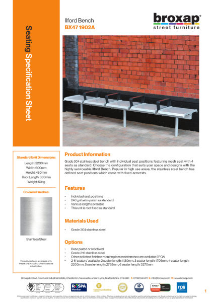 Ilford Stainless Steel Bench Specification Sheet
