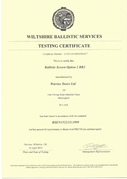 Ballistic Test Certificate Screen Option 2 BR2