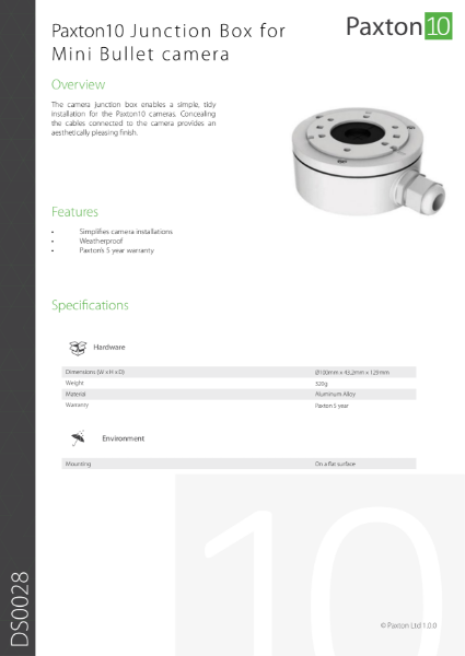 Paxton10 Mini Bullet Camera Junction Box - data sheet