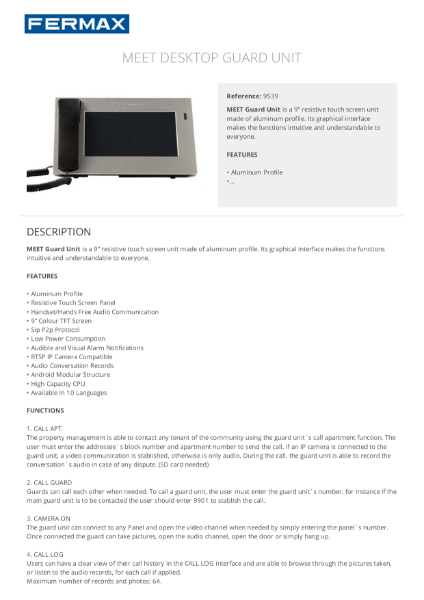 Guard Unit - Concierge Video Touch Screen Desk Mount Data Sheet