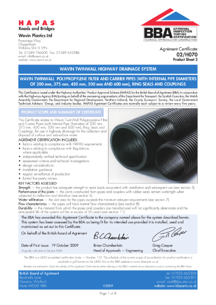 TwinWall Pipe Coupler Seal BBA HAPAS_02-H070