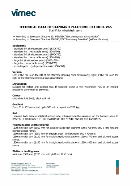 Platform stairlift V65 by Vimec - Data Sheet