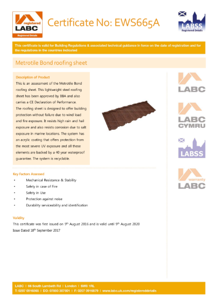 LABC Metrotile Bond Roofing Sheet Certificate