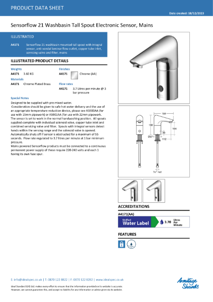 Sensorflow 21 Deck Mounted Mains Powered Tap - A4171AA