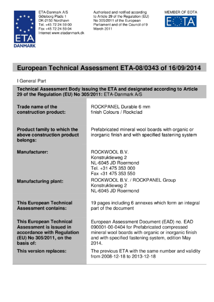 European Technical Assessment ETA-08/0343 Certificate