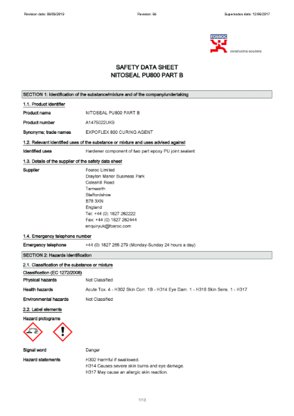 Nitoseal PU800 Part B Safety Datasheet