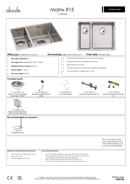 AW5126. Matrix R15 Stainless Steel Sink, One and a Half Bowl (RH Main) - Consumer Specification
