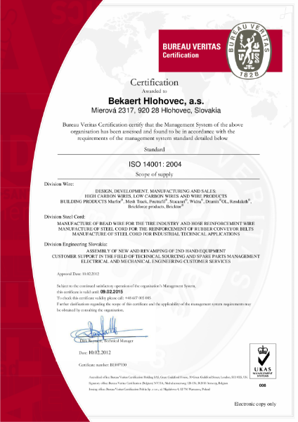 Bekaert EN ISO 14001 Certificate
