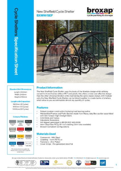 New Sheffield Cycle Shelter Specification Sheet