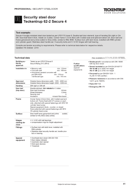 Security Steel Door LPS 1175 Issue 8 D10 (SR4) 62-2 Secure 4 (Technical Data)