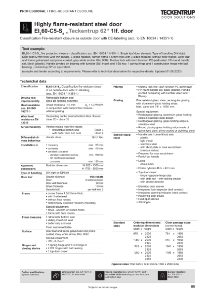 Fire Protection Door T60-1-FSA "Teckentrup 62" (Technical Data)