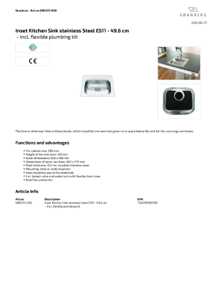 Technical Data Sheet Granberg Sink ES11