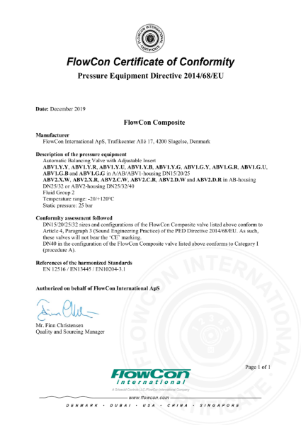 FlowCon Internally Adjustable Composite ABV PED Certificate