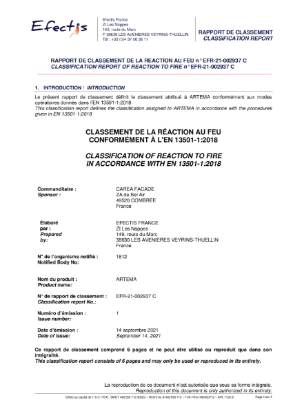 Classification of Reaction to Fire Performance in Accordance to NF EN 13501-1 (ARTEMA)