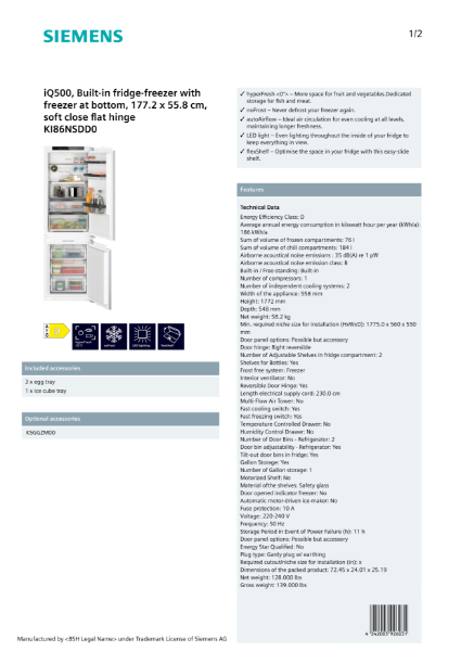 iQ500, Built-in fridge-freezer with freezer at bottom, 177.2 x 55.8 cm, soft close flat hinge KI86NSDD0