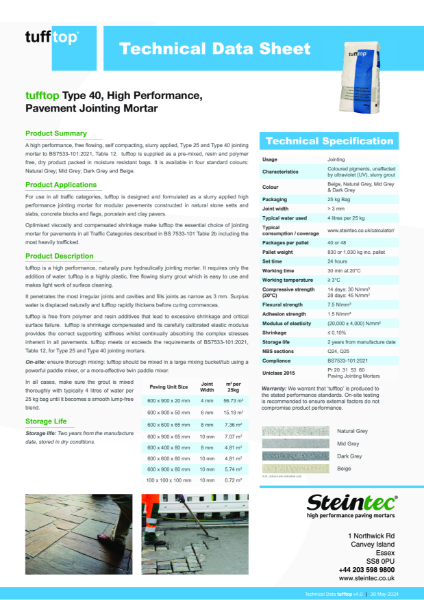 Technical Data Sheet - tufftop 40MPa optimal viscosity high performance jointing mortar