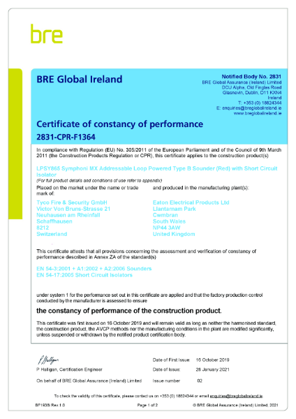 Certificate of constancy of performance