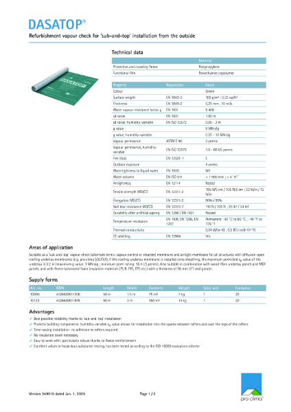 Pro Clima Dasatop Technical Datasheet