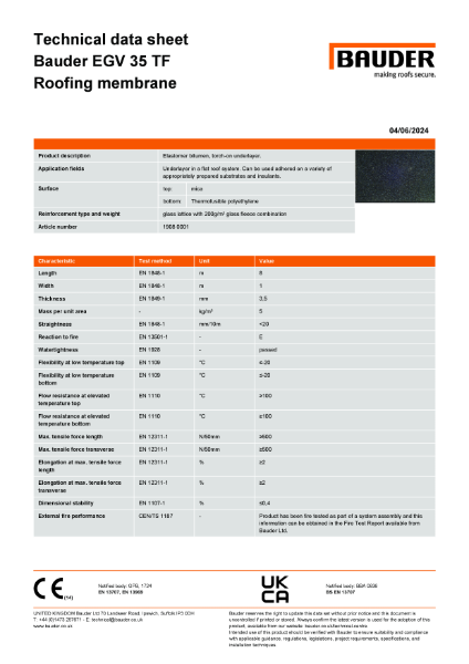 Bauder EGV 35 TF Underlayer - Technical Data Sheet