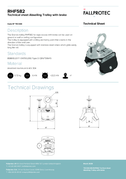 Granvia Abseiling Trolley with Brake for Securail Pro (RHF582)