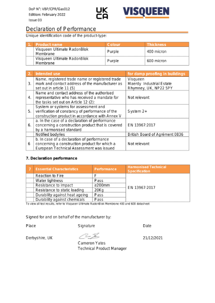 Gas UKCA Visqueen Ultimate RadonBlok 400 and 600 Membrane Declaration of Performance