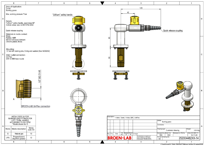 Table mounted laboratory one-way gas tap lift and turn TDS