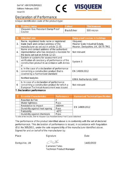 DPC CE Visqueen Gas Resistant Damp Proof Course Declaration of Performance