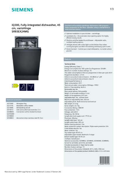 iQ300, Fully-integrated dishwasher, 45 cm, varioHinge SR93EX24MG