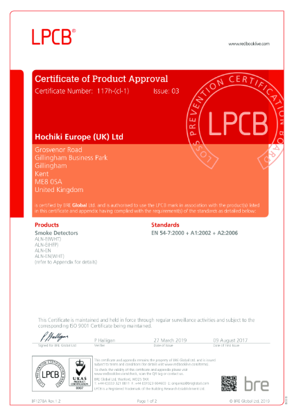 Certificate of Product Approval - EN 54-7 - ALN-E and ALN-EN - Bases YBO-R/4, YBO-BS, YBN-R/3 and YBO-BSB2