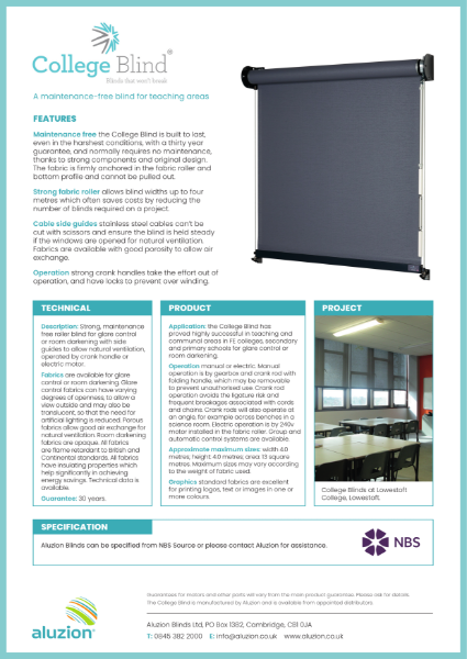 Aluzion College Blind™ Specification and Data Sheet