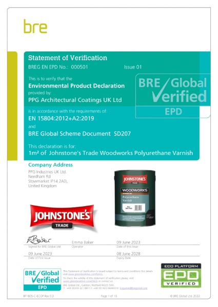 Environmental Product Declaration (EPD) BREG EN EPD No: 000501 Johnstone's Trade Woodworks Polyurethane Varnish