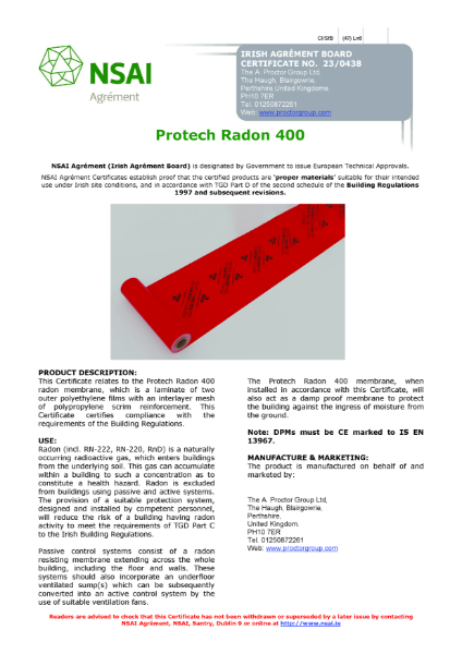 Proctors Protech Radon 400 NSAI Agrément (Irish Agrément Board) Certificate