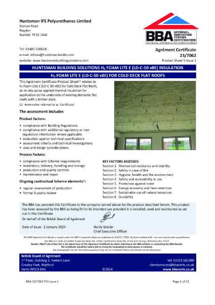 H2Foam Lite E Flat Roofs - BBA Certificate