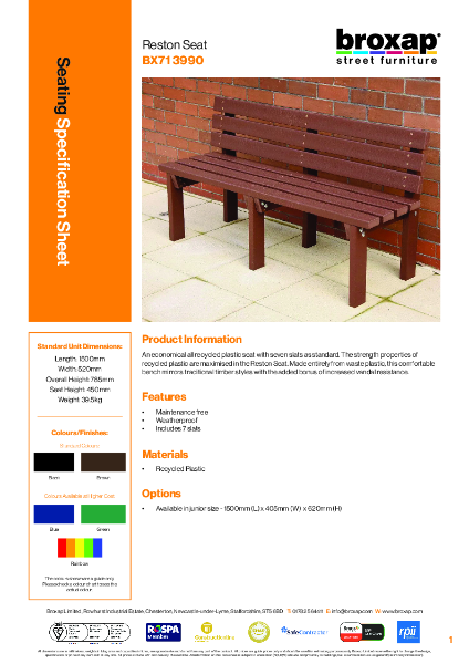 Reston Recycled Plastic Seat Specification Sheet
