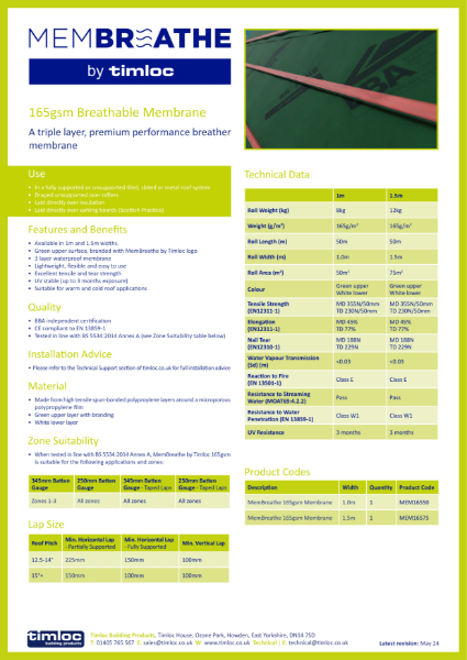 Timloc Building Products 165 gsm Breather Membrane Datasheet