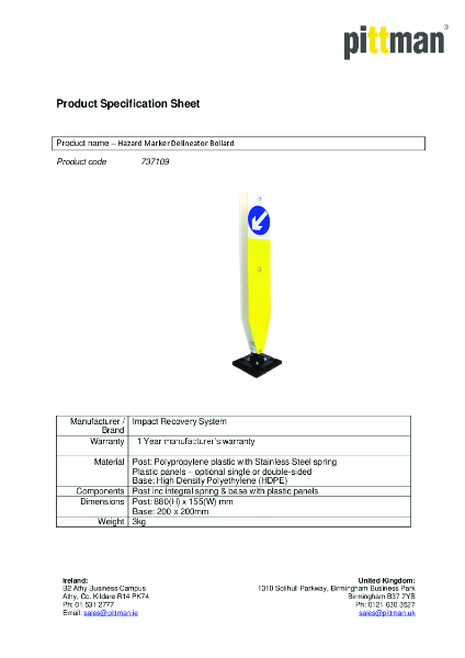 Hazard Marker Delineator Bollard - Data Sheet