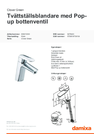 Clover Green Tvättställsblandare med Pop-up Bottenventil Krom - Datablad