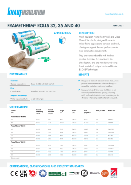 Knauf Insulation FrameTherm® Rolls - Datasheet
